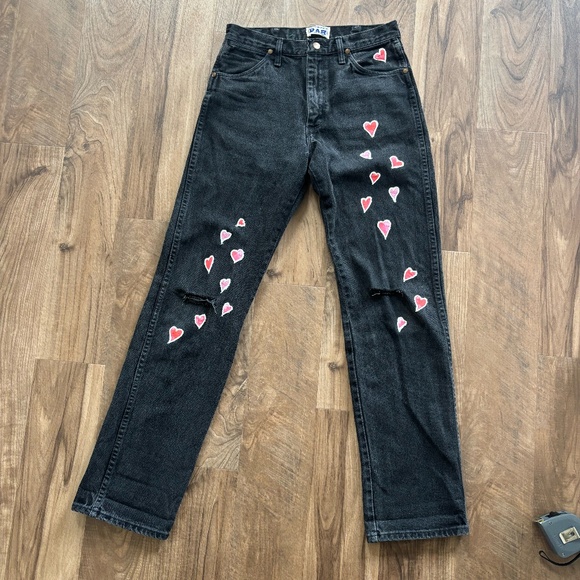 Washed Black Vintage Wrangler Jeans - Upcycled with Heart Decals - One-of-a-Kind - Picture 1 of 15
